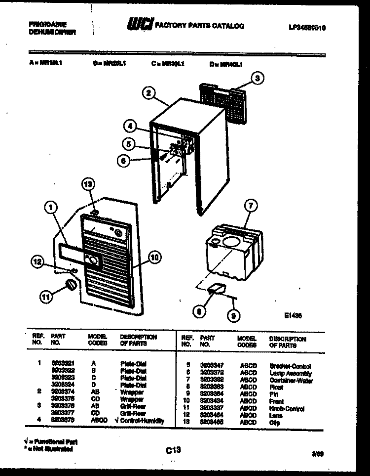 CABINET AND CONTROL PARTS Diagram and Parts List for MR40L1  Frigidaire Dehumidifier