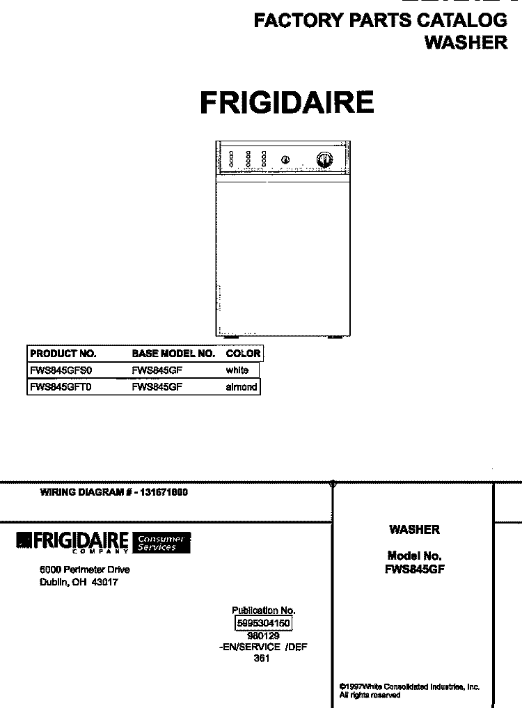 COVER Diagram and Parts List for FWS845GFT0  Frigidaire Washer
