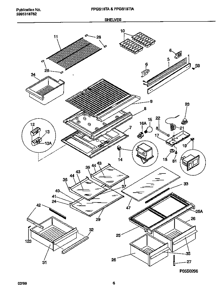 SHELVES Diagram and Parts List for FPGS18TAL4  Frigidaire Refrigerator