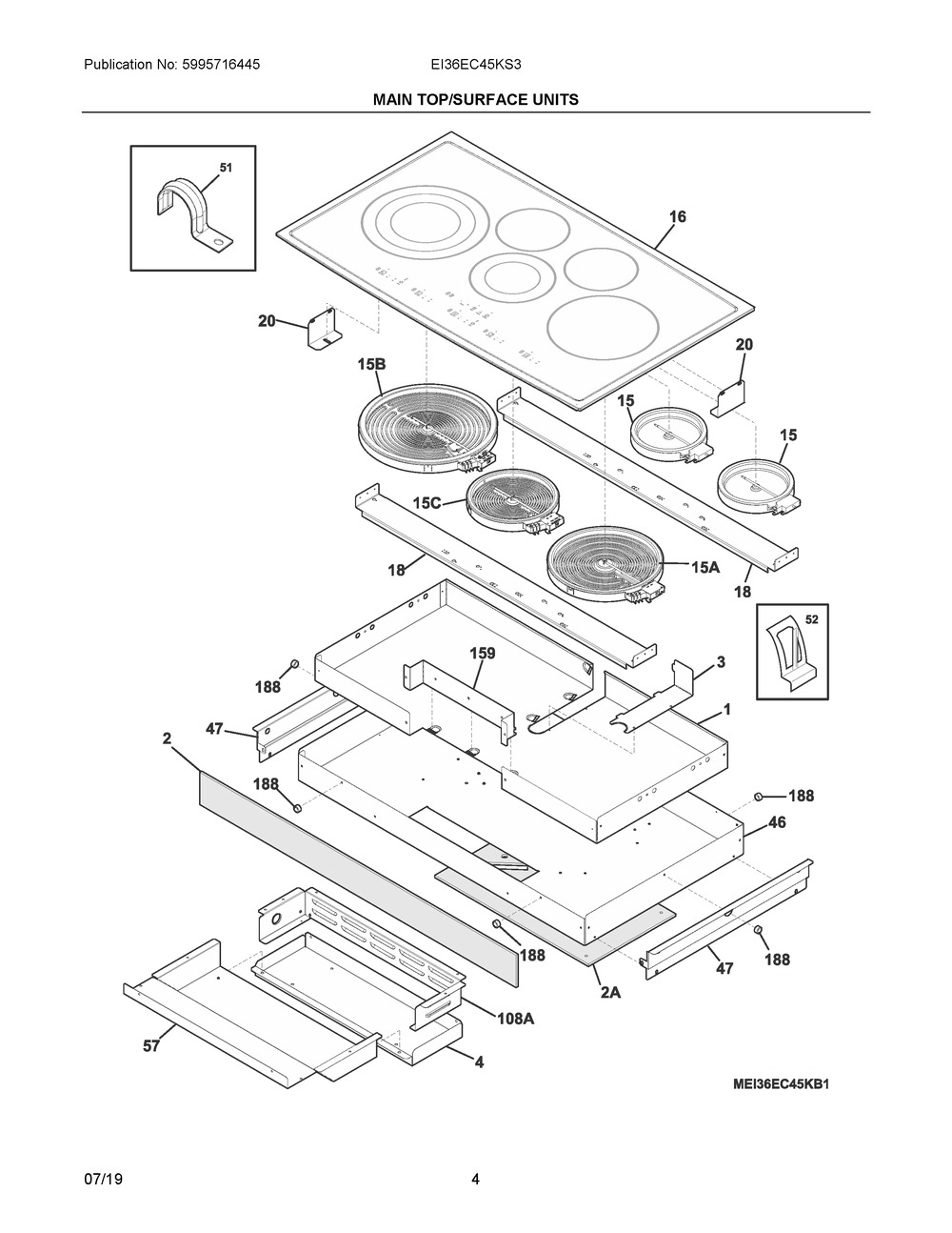 Main Top/surface Units Diagram and Parts List for EI36EC45KS3  Frigidaire Cooktop