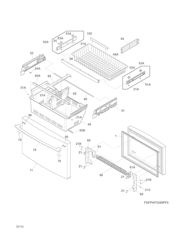 Freezer Drawer, Baskets Diagram and Parts List for FPHF2399PF6  Frigidaire Refrigerator