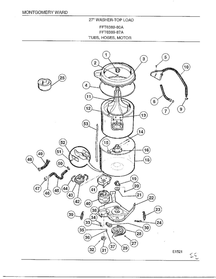 Tubs, Hoses, Motor Diagram and Parts List for 6389-80A  Frigidaire Washer