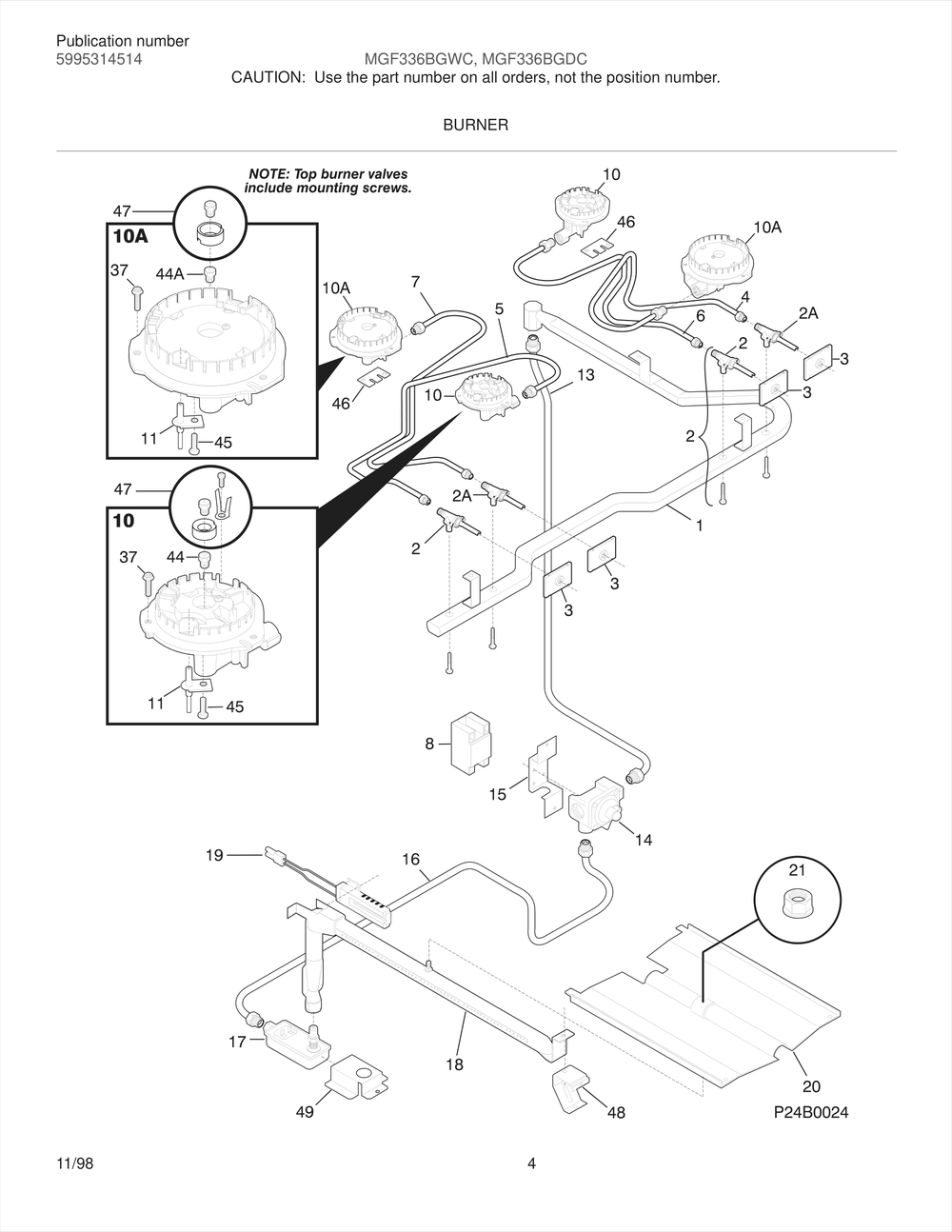 Burner Diagram and Parts List for MGF336BGDC  Frigidaire Range