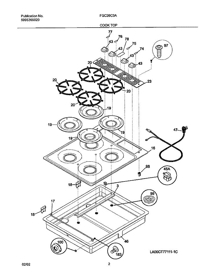 MAIN TOP Diagram and Parts List for FGC26C3AWB  Frigidaire Cooktop