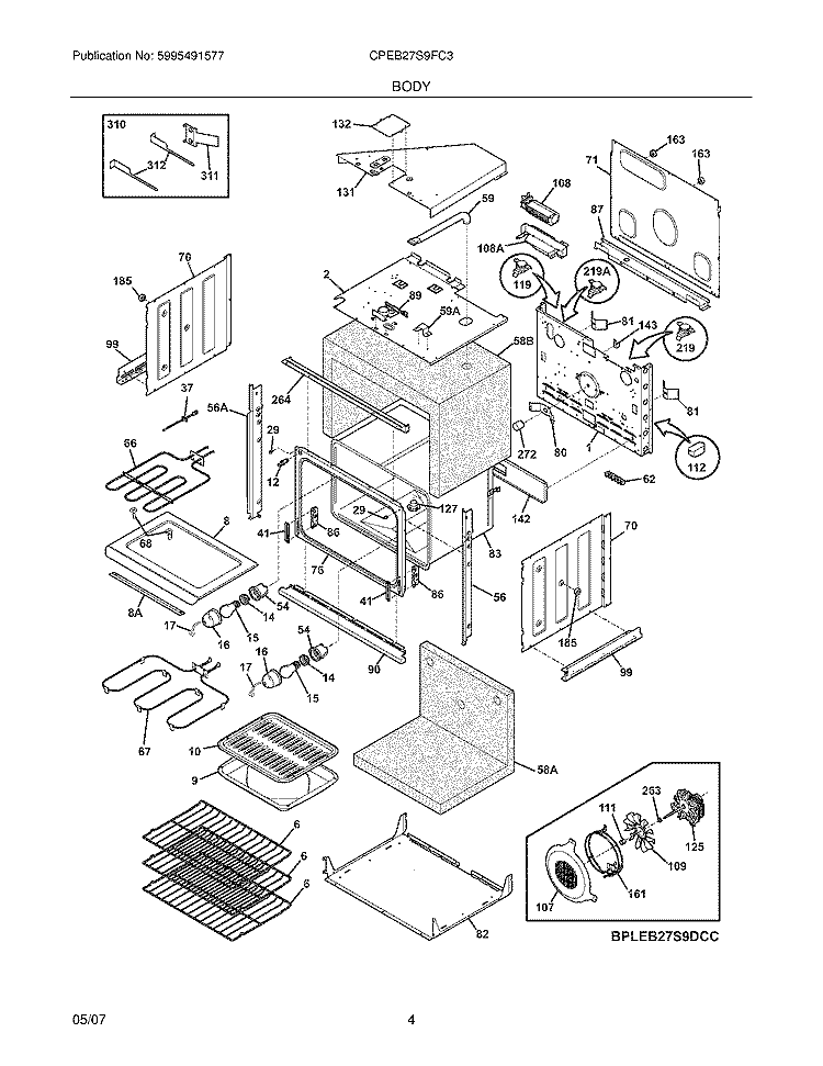 BODY Diagram and Parts List for CPEB27S9FC3  Frigidaire Wall Oven