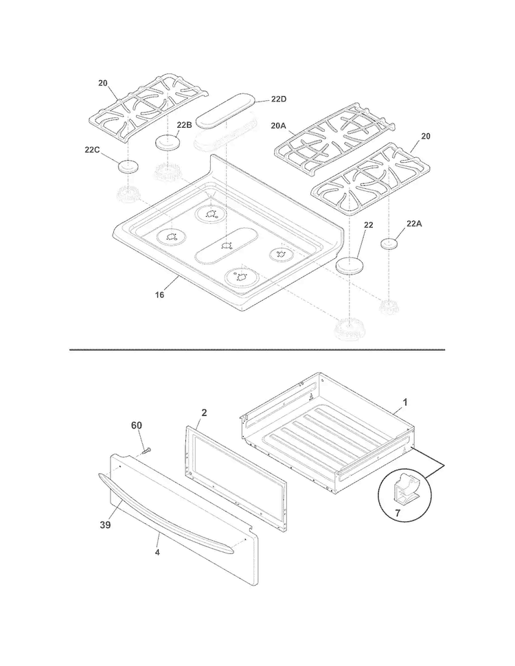 Top/drawer Diagram and Parts List for DGGF3042KFN  Frigidaire Range