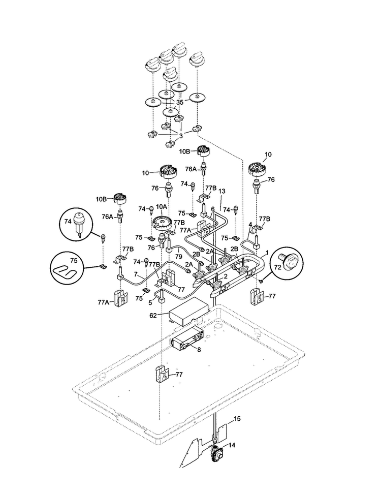 Burner Diagram and Parts List for 74403  Frigidaire Range