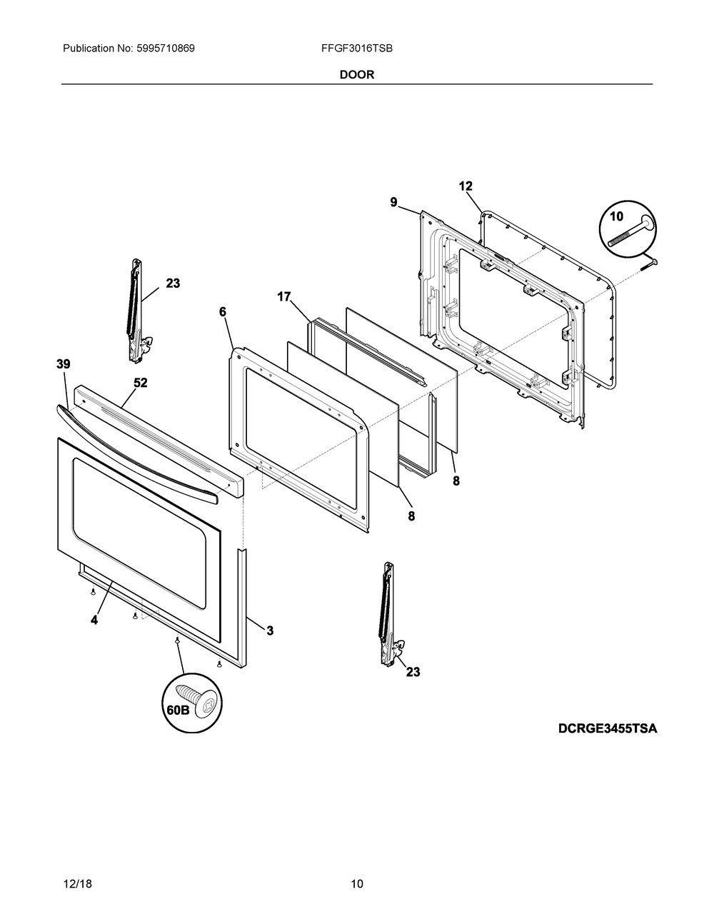Door Diagram and Parts List for FFGF3016TSB  Frigidaire Range