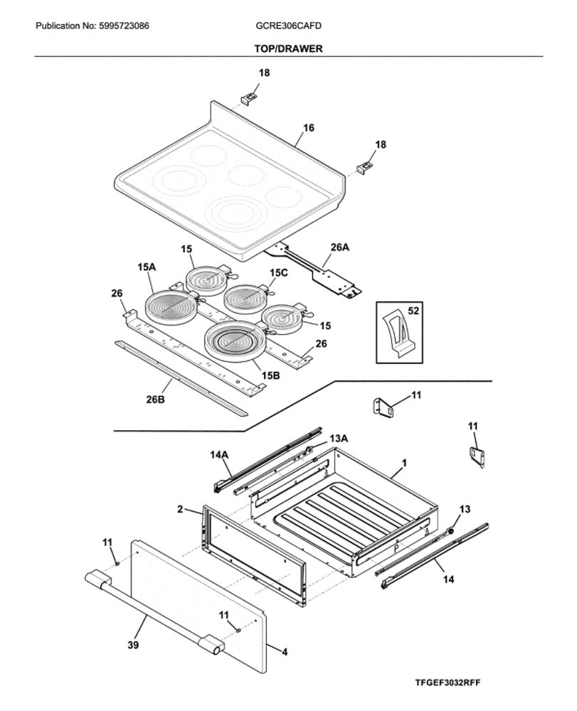 Top/Drawer Diagram and Parts List for GCRE306CAFD  Frigidaire Range