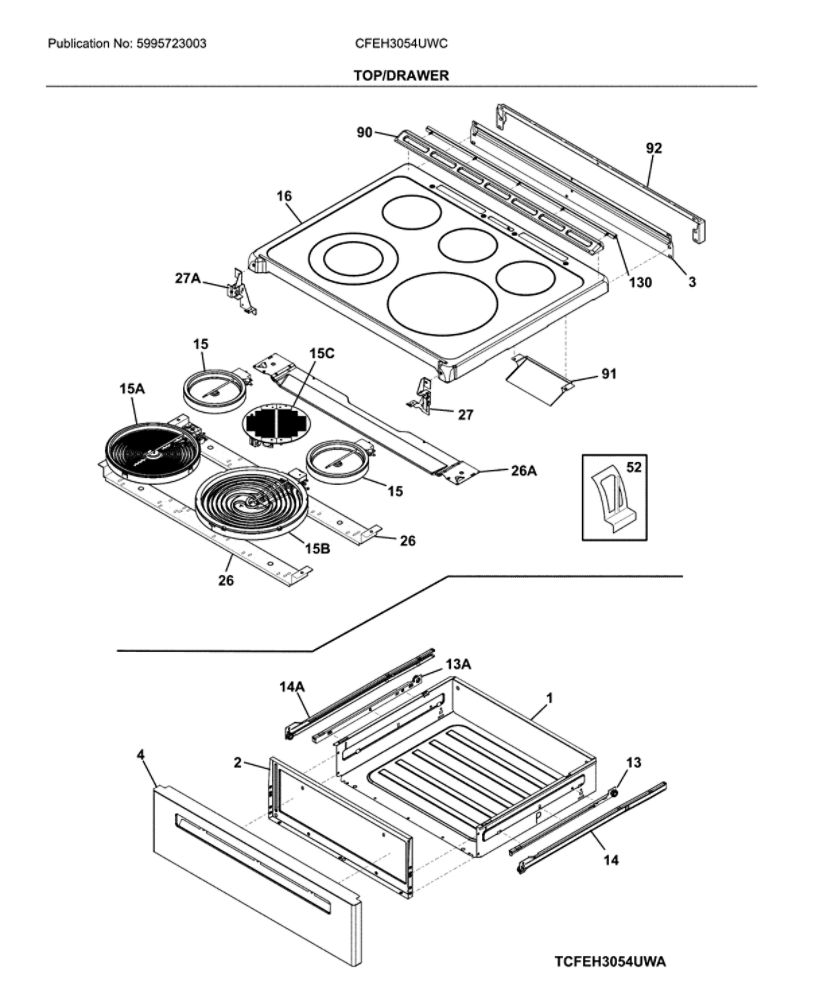 Top/Drawer Diagram and Parts List for CFEH3054UWC  Frigidaire Range