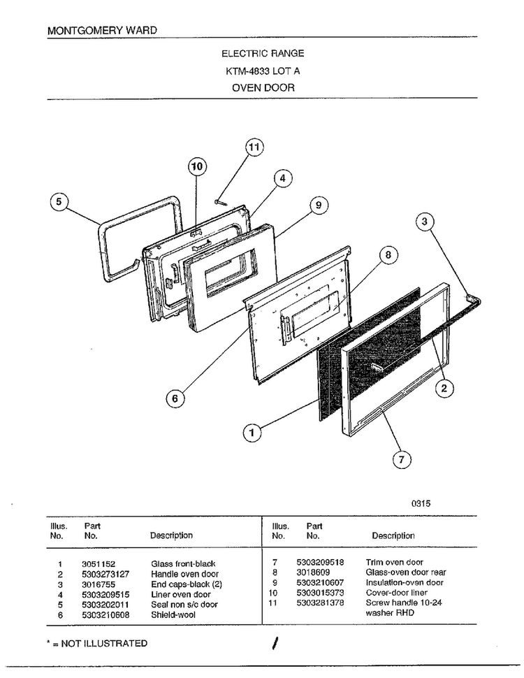 Oven Door Diagram and Parts List for 4833A  Frigidaire Range