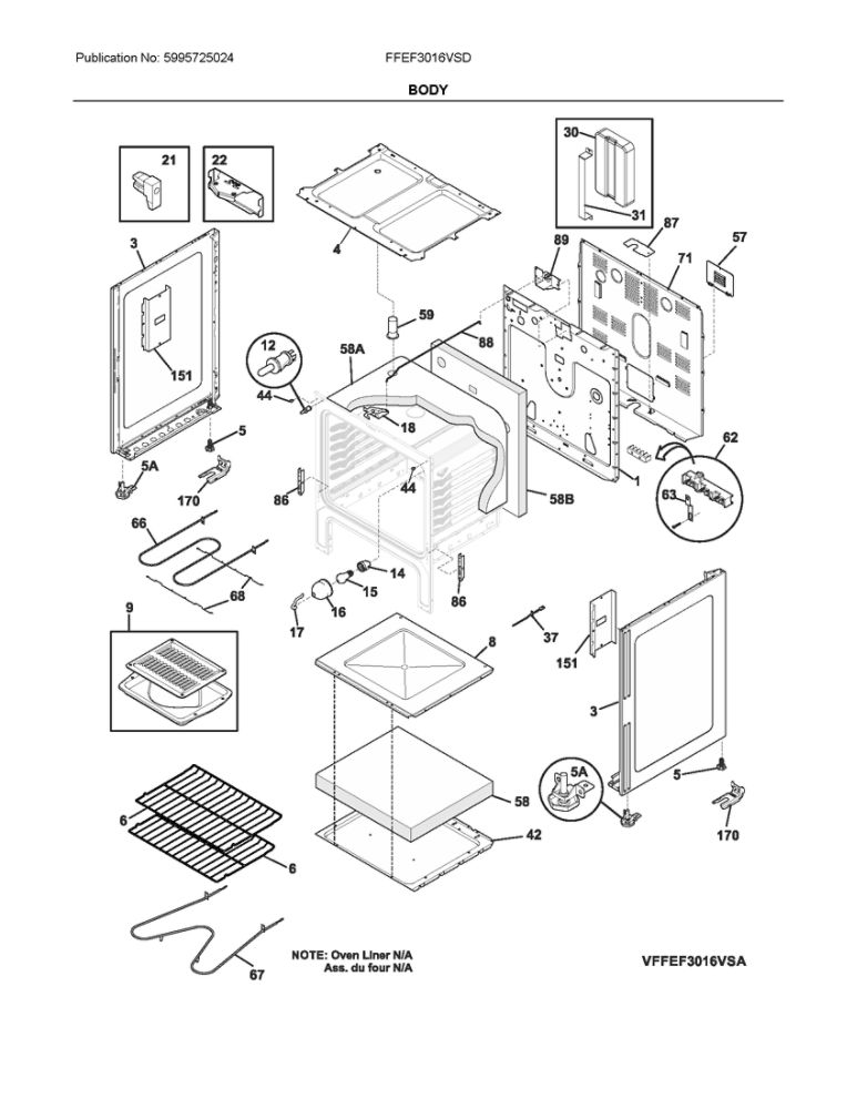 Body Diagram and Parts List for FFEF3016VSD  Frigidaire Range