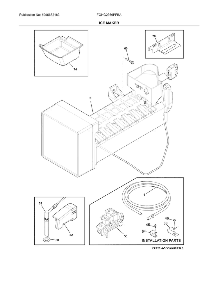 Ice Maker Diagram and Parts List for FGHG2366PFBA  Frigidaire Refrigerator