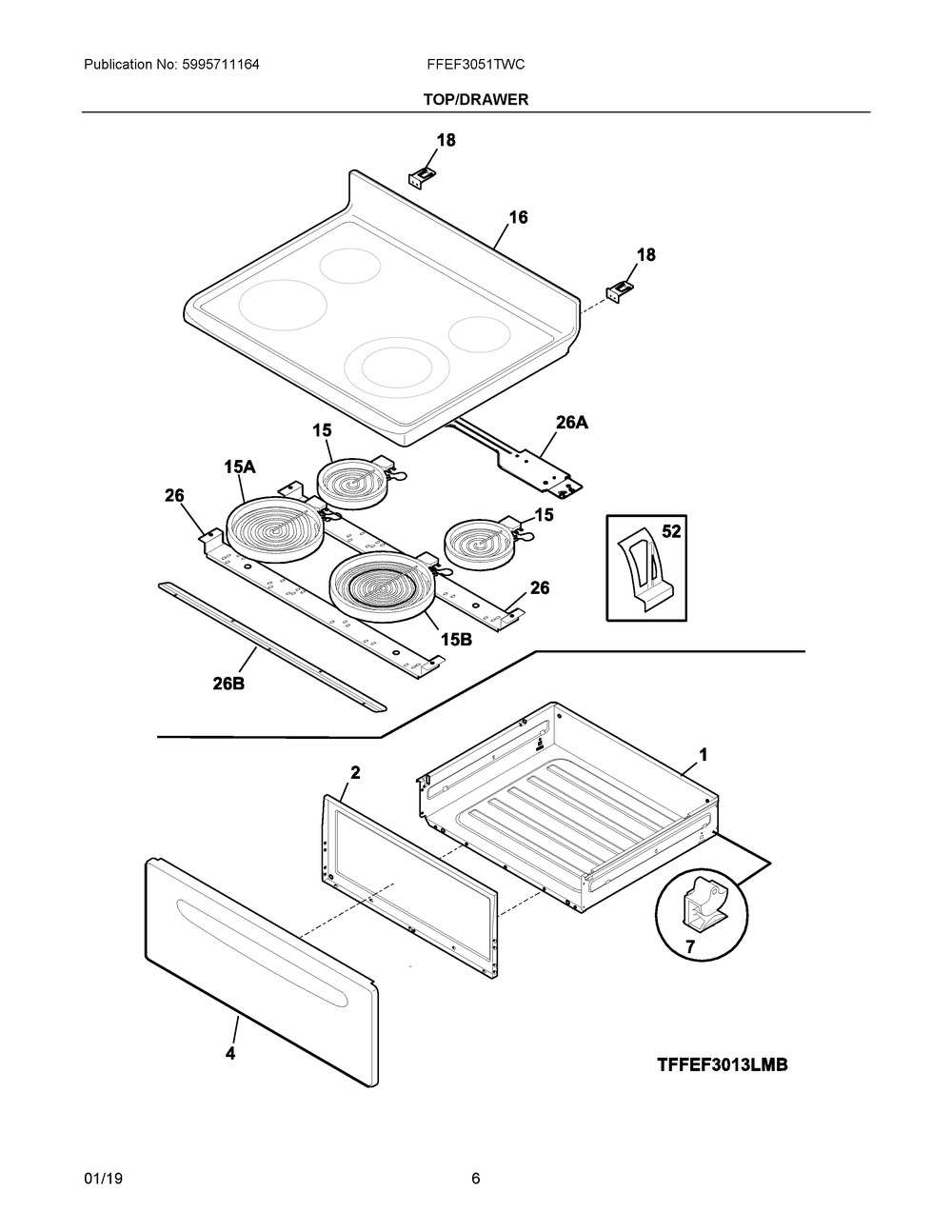 Top/drawer Diagram and Parts List for FFEF3051TWC  Frigidaire Range