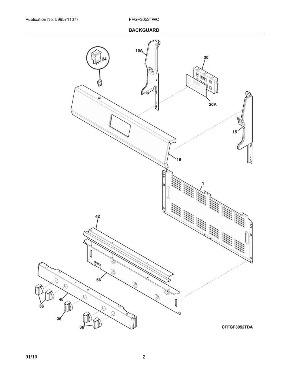 Backguard Diagram and Parts List for FFGF3052TWC  Frigidaire Range