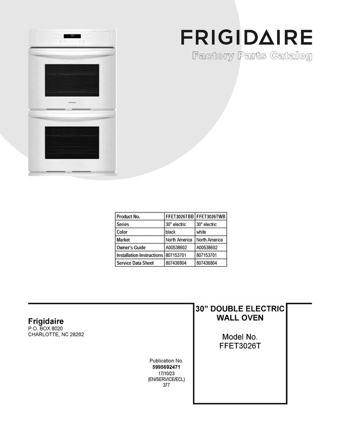 01 - Cover Sheet Diagram and Parts List for FFET3026TBB  Frigidaire Wall Oven