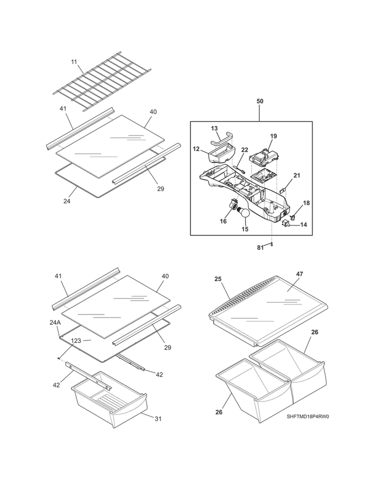 Shelves Diagram and Parts List for FTMD18P4RW0  Frigidaire Refrigerator