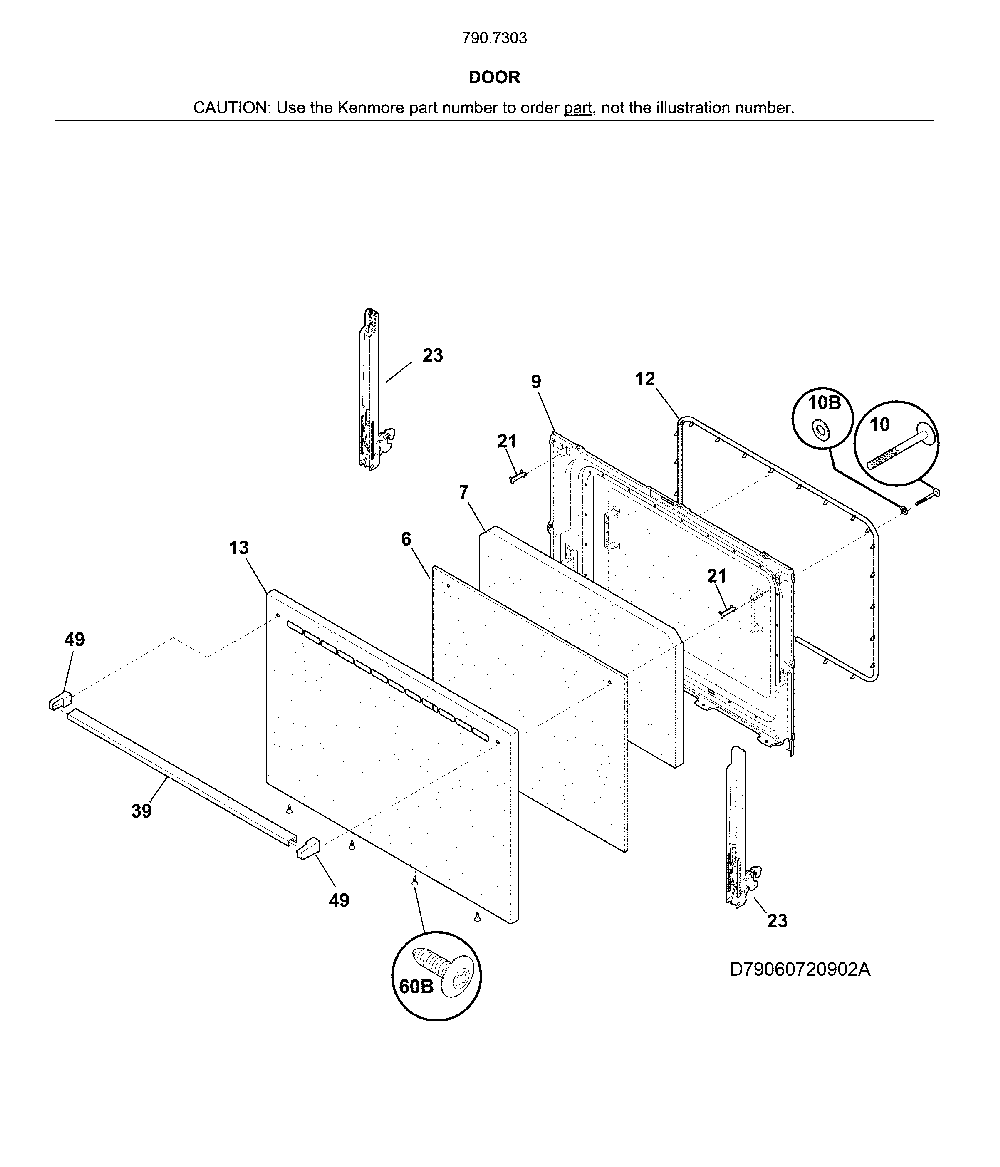 Door Diagram and Parts List for 79073039316  Kenmore Range