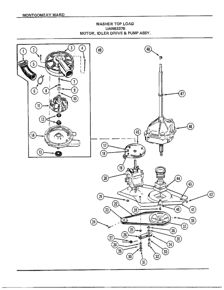 Motor, Idler Drive And Pump Assy Diagram and Parts List for 6337B  Frigidaire Washer