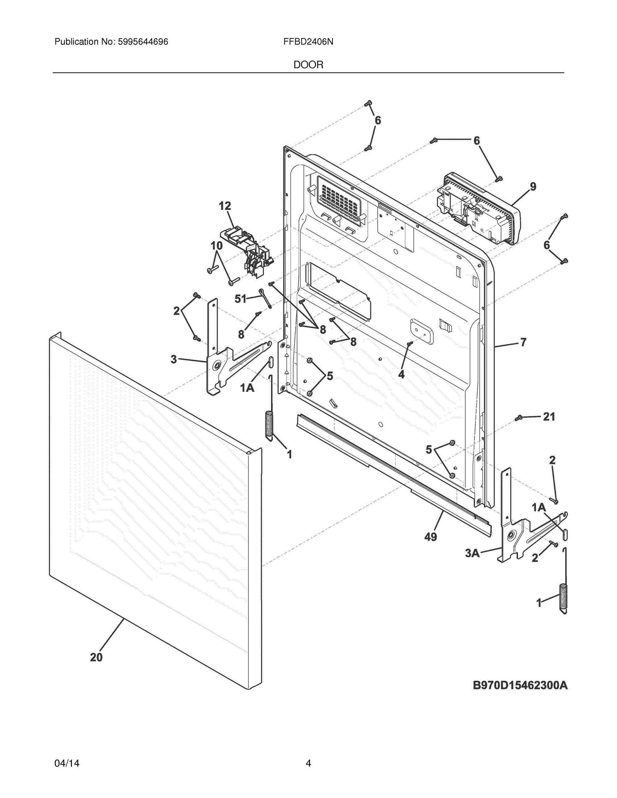 05 - DOOR Diagram and Parts List for FFBD2406NB1A  Frigidaire Dishwasher
