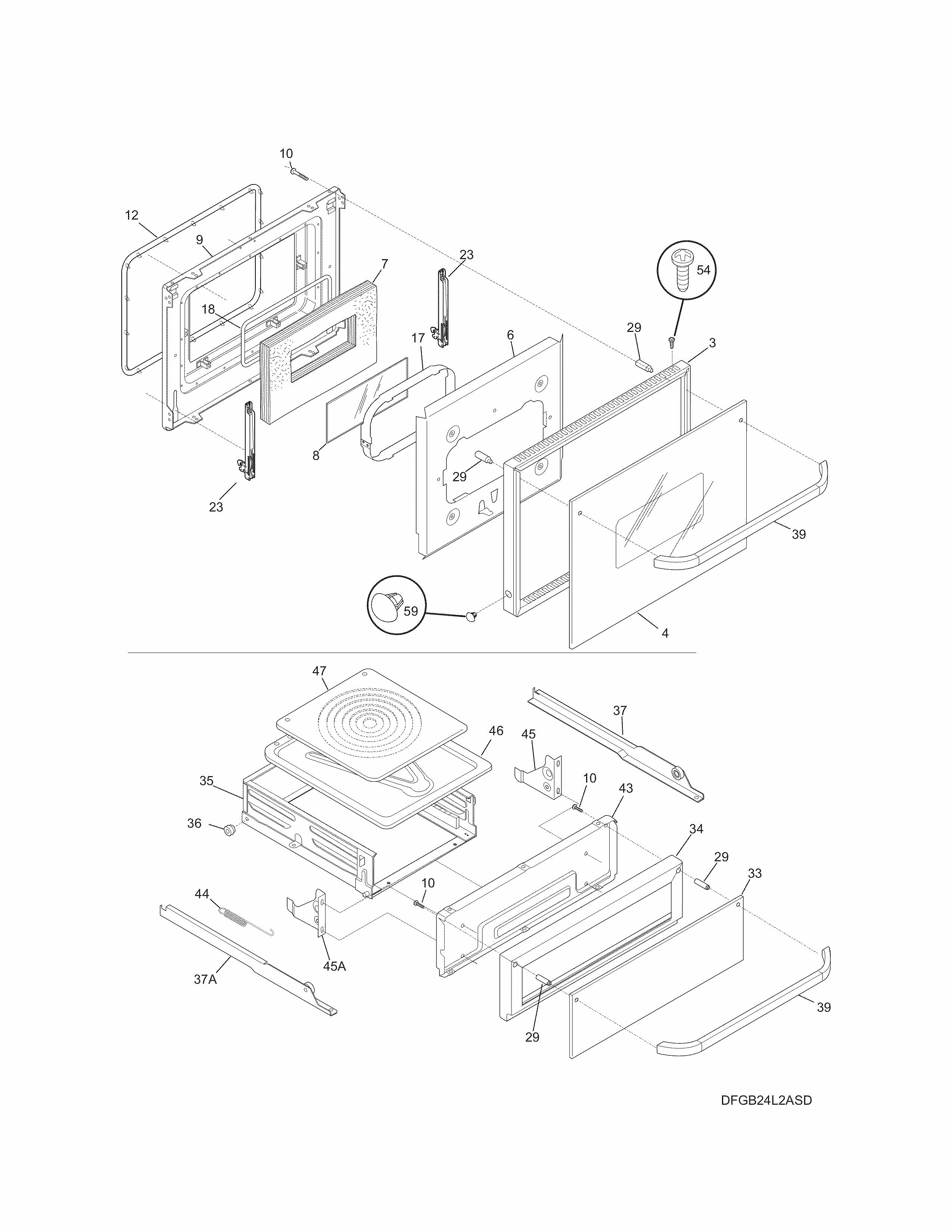 Door/drawer Diagram and Parts List for 79045139510  Kenmore Wall Oven