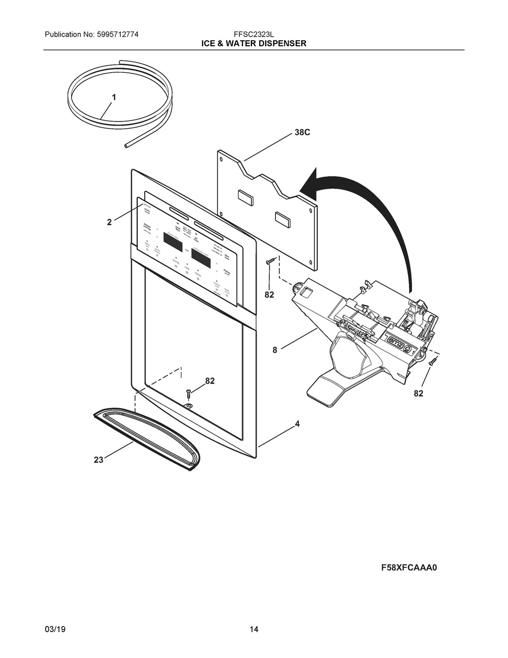 Ice & Water Dispenser Diagram and Parts List for FFSC2323LECA  Frigidaire Refrigerator