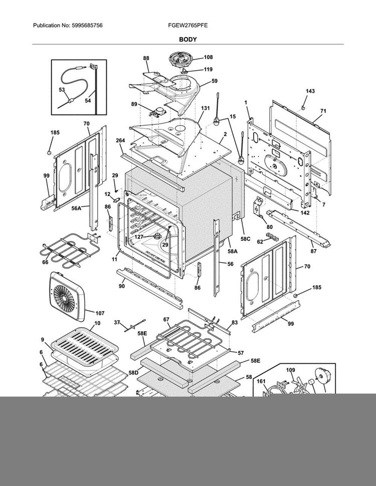 Body Diagram and Parts List for FGEW2765PFE  Frigidaire Wall Oven