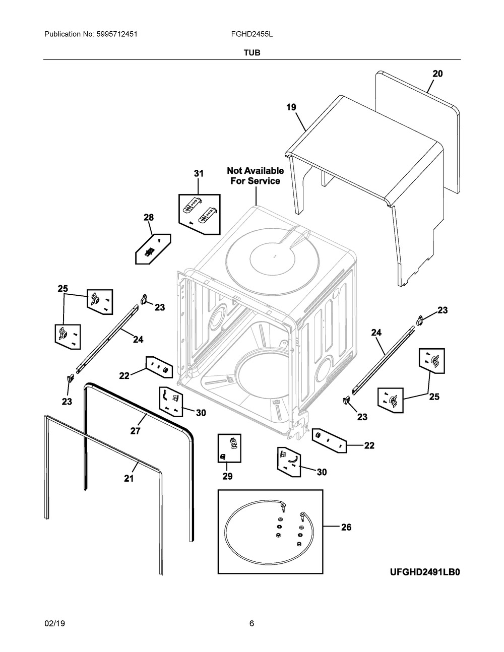 Tub Diagram and Parts List for FGHD2455LB1A  Frigidaire Refrigerator