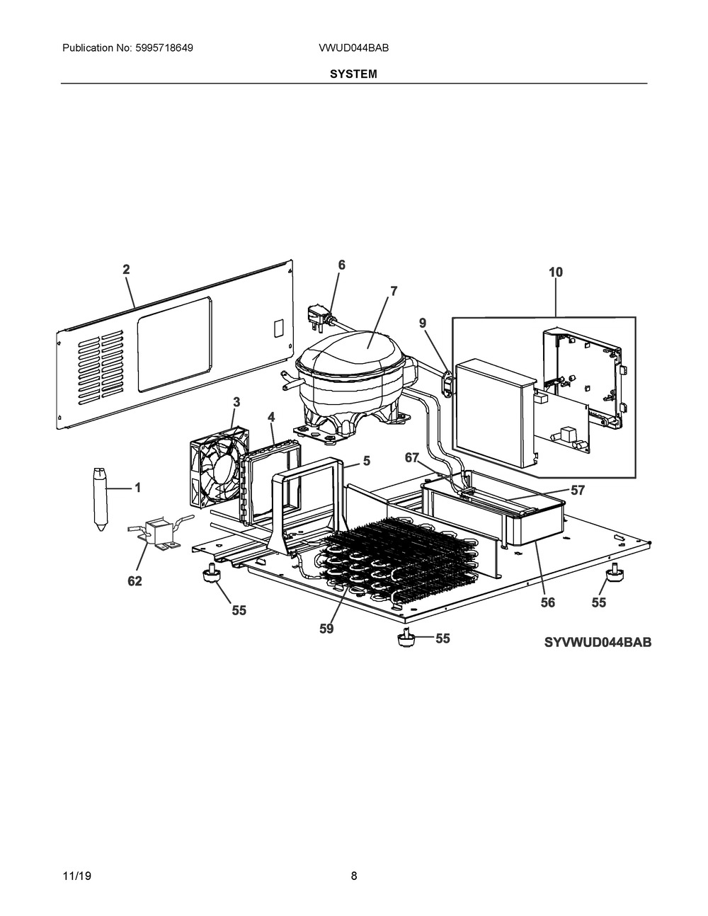 System Diagram and Parts List for VWUD044BAB  Frigidaire Wine and Beverage Cooler