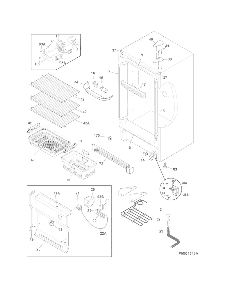 Cabinet Diagram and Parts List for FFVU17F4QWA  Frigidaire Freezer