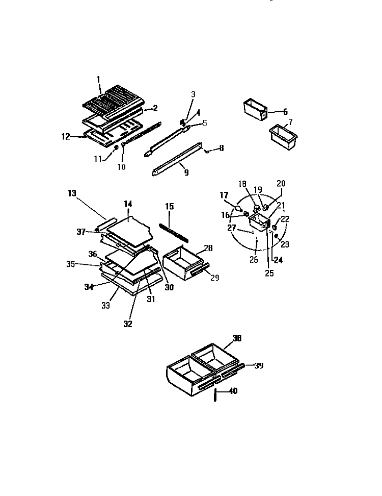 SHELVES, CONTROLS, DIVIDER, MULLION Diagram and Parts List for TUK210AN5F  Kelvinator Refrigerator