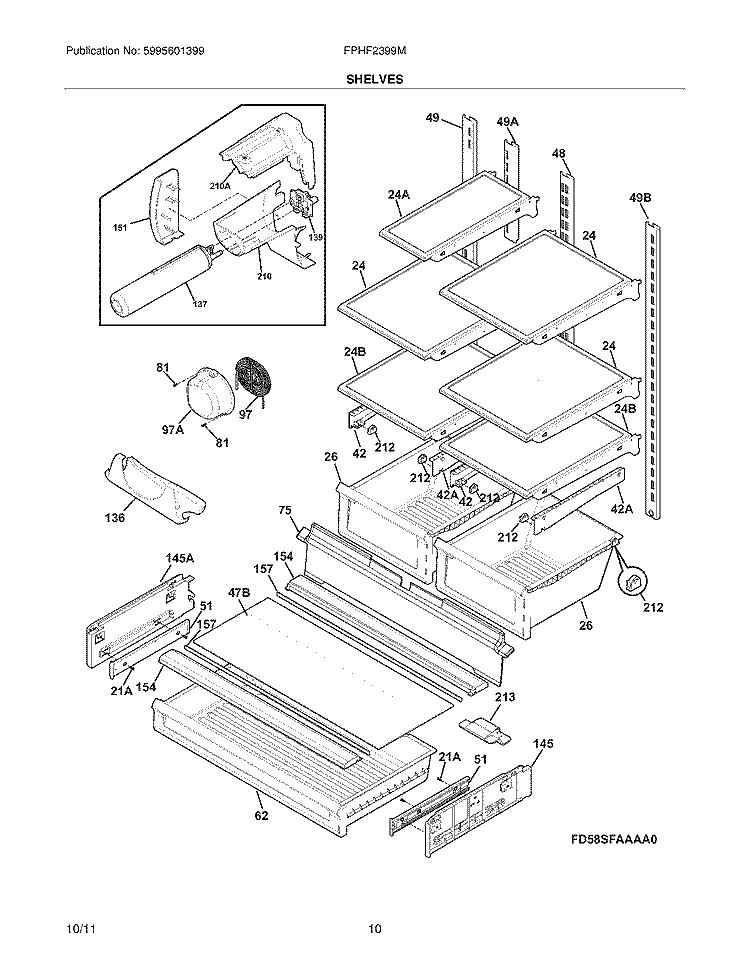 SHELVES Diagram and Parts List for FPHF2399MF1  Frigidaire Refrigerator