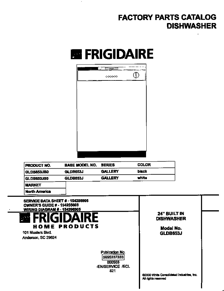 COVER Diagram and Parts List for GLDB653JS0  Frigidaire Dishwasher