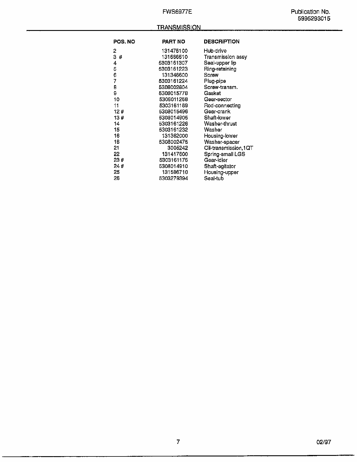 Transmission Page 2 Diagram and Parts List for FWS6977E  Frigidaire Washer