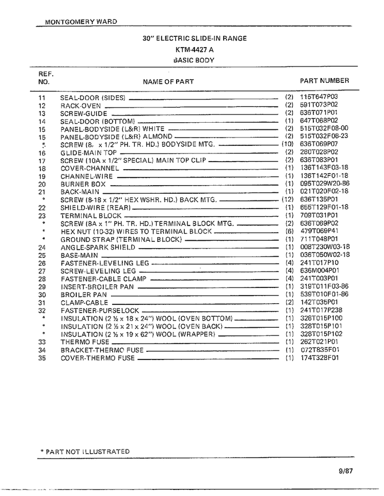 Basic Body Page 2 Diagram and Parts List for 4427A  Frigidaire Range