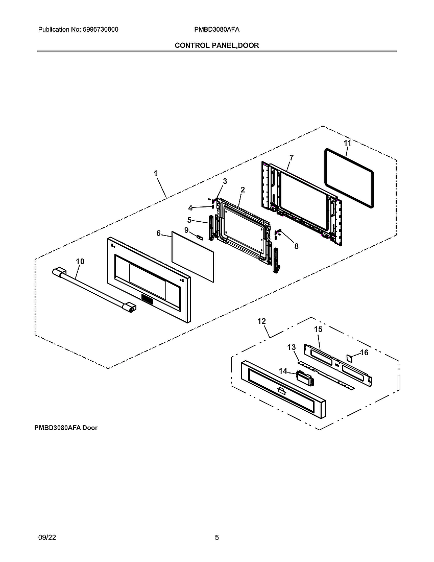 Control Panel, Door Diagram and Parts List for PMBD3080AFA  Electrolux Microwave