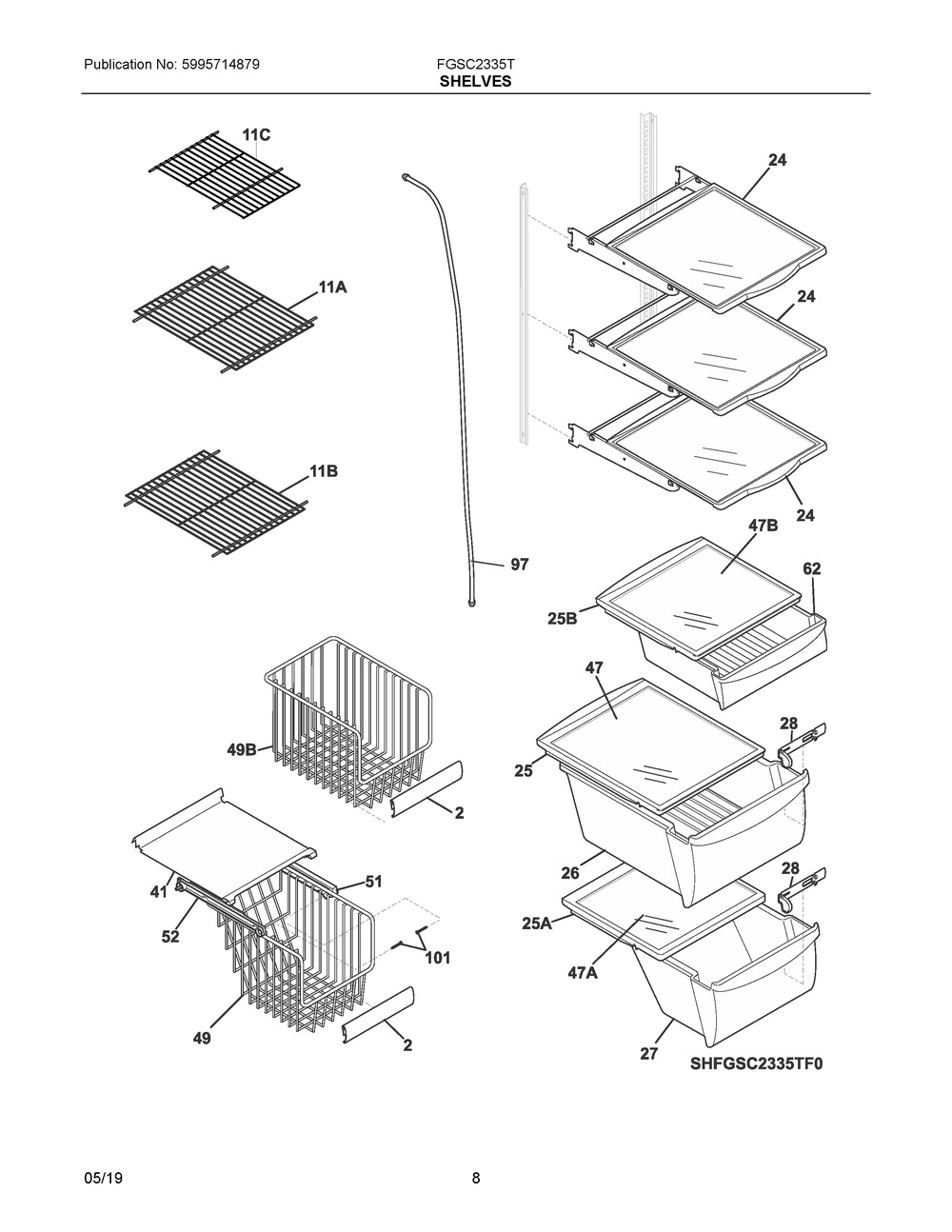 Shelves Diagram and Parts List for FGSC2335TD8  Frigidaire Refrigerator