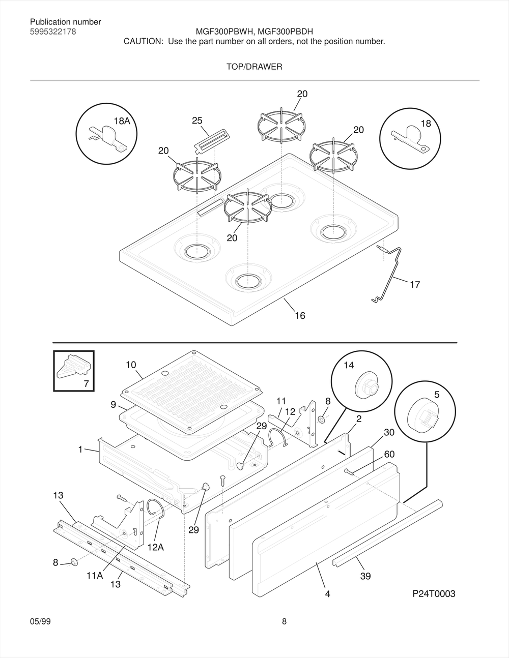 Top/Drawer Diagram and Parts List for MGF300PBDW  Frigidaire Range