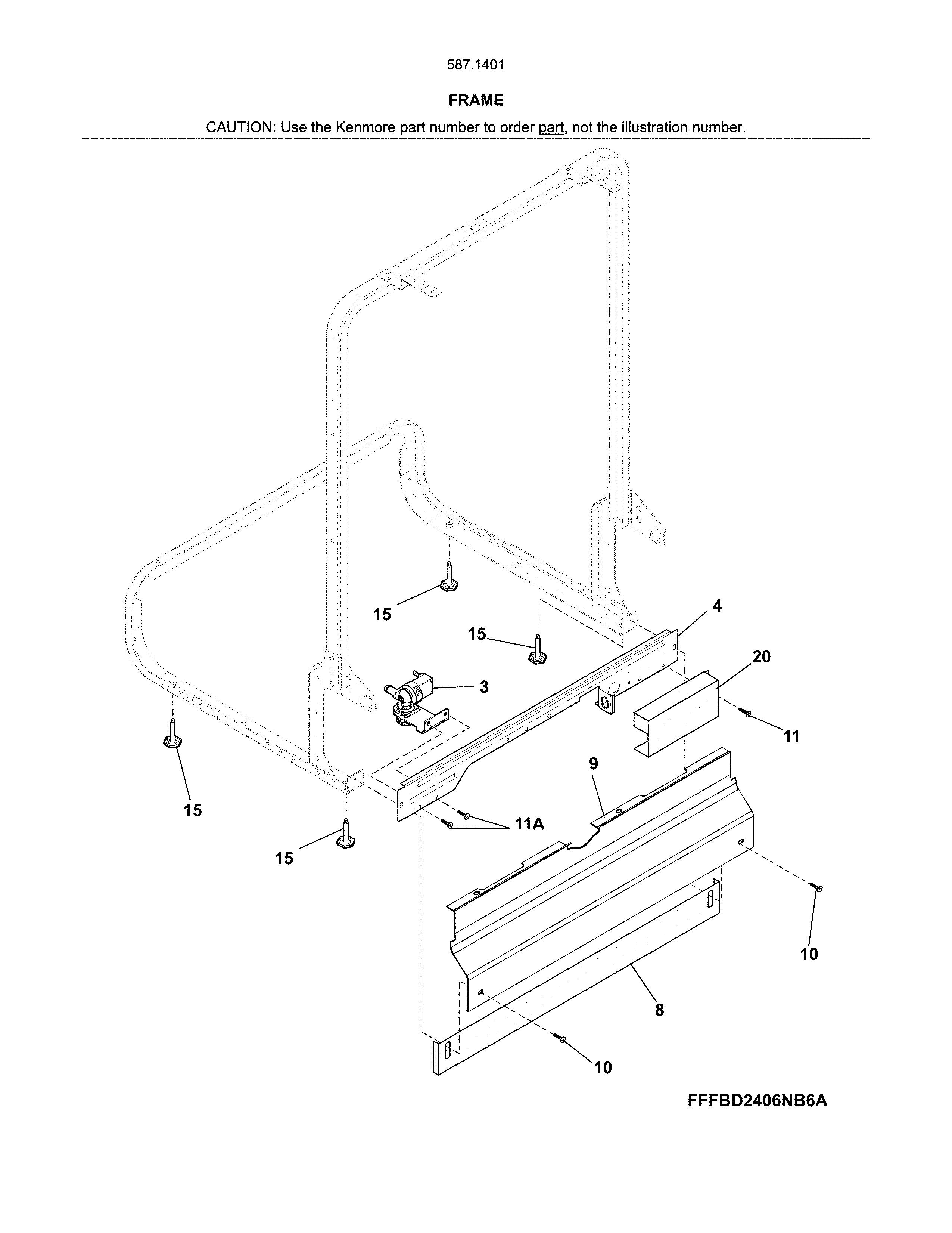 Frame Diagram and Parts List for 58714013415B  Kenmore Dishwasher