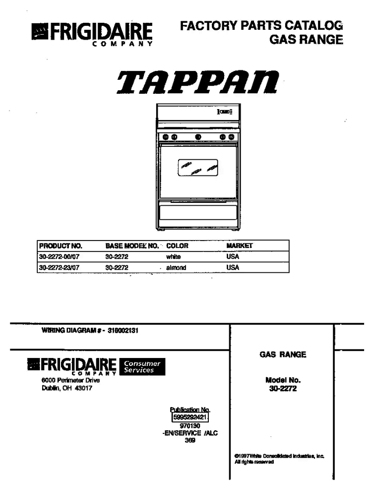 Cover Diagram and Parts List for 30-2272-00 07 Tappan Range