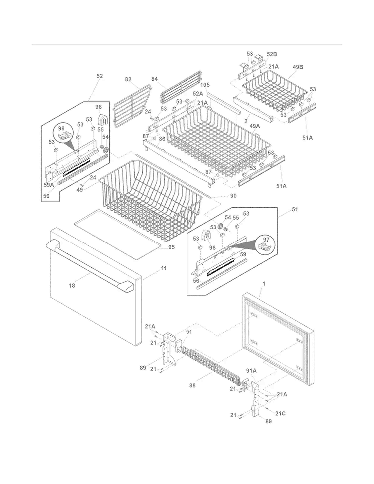 Freezer Drawer - Basket Diagram and Parts List for E23BC68JPS4  Electrolux Refrigerator