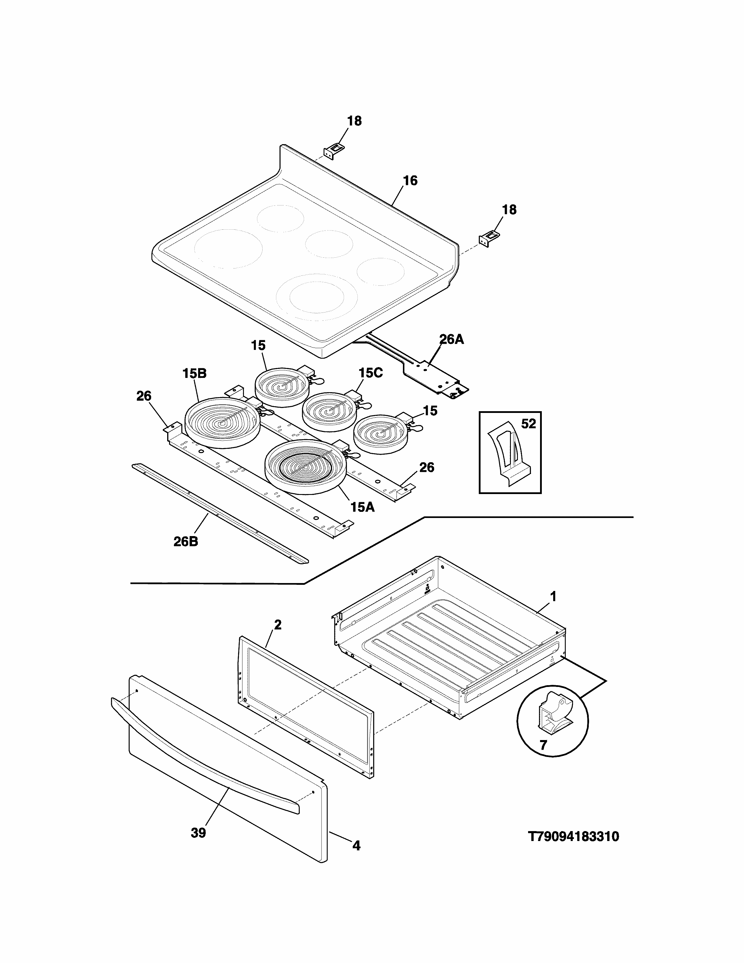 Top/drawer Diagram and Parts List for 79097013511  Kenmore Range