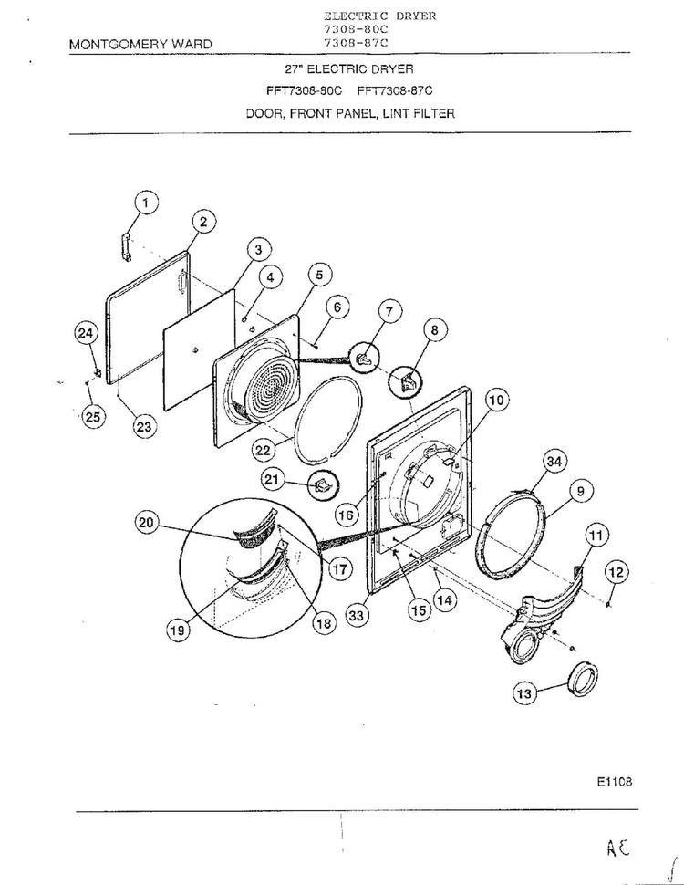 Door, Front Panel, Lint Filter Diagram and Parts List for 7308-87C  Frigidaire Dryer