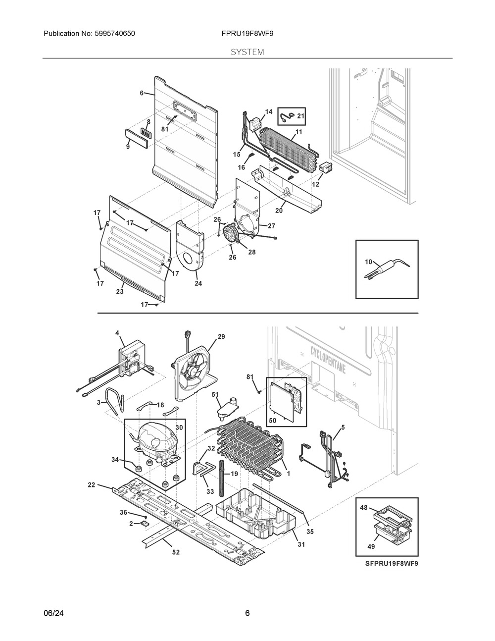 System Diagram and Parts List for FPRU19F8WF9  Frigidaire Refrigerator