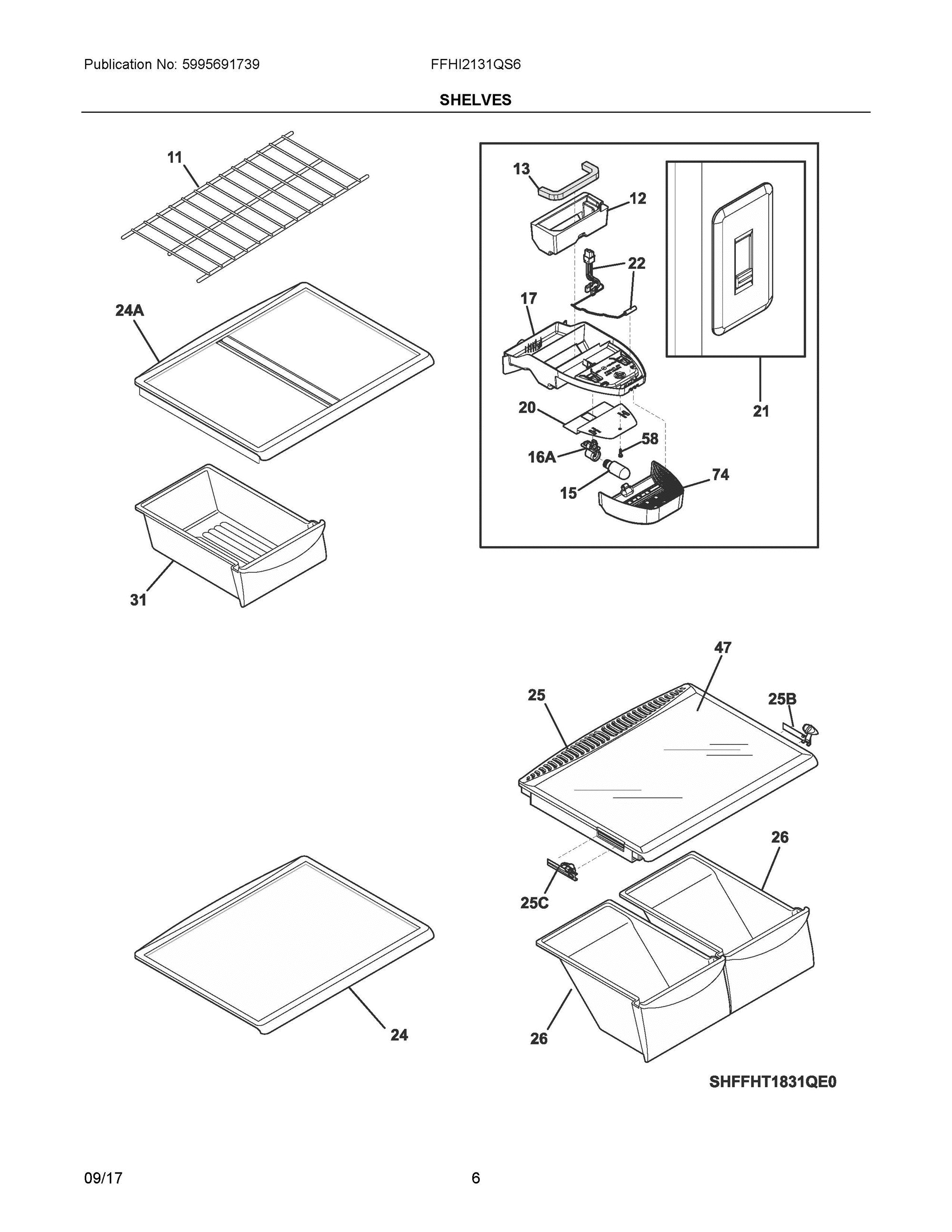 04 - SHELVES Diagram and Parts List for FFHI2131QS6  Frigidaire Refrigerator