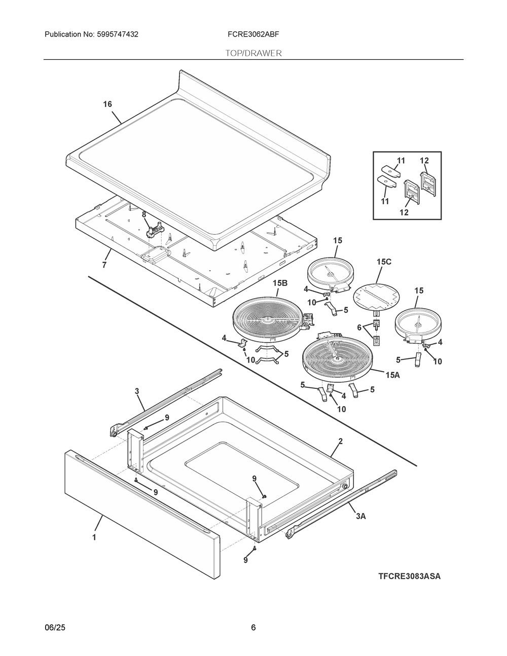 Top/Drawer Diagram and Parts List for FCRE3062ABF  Frigidaire Range