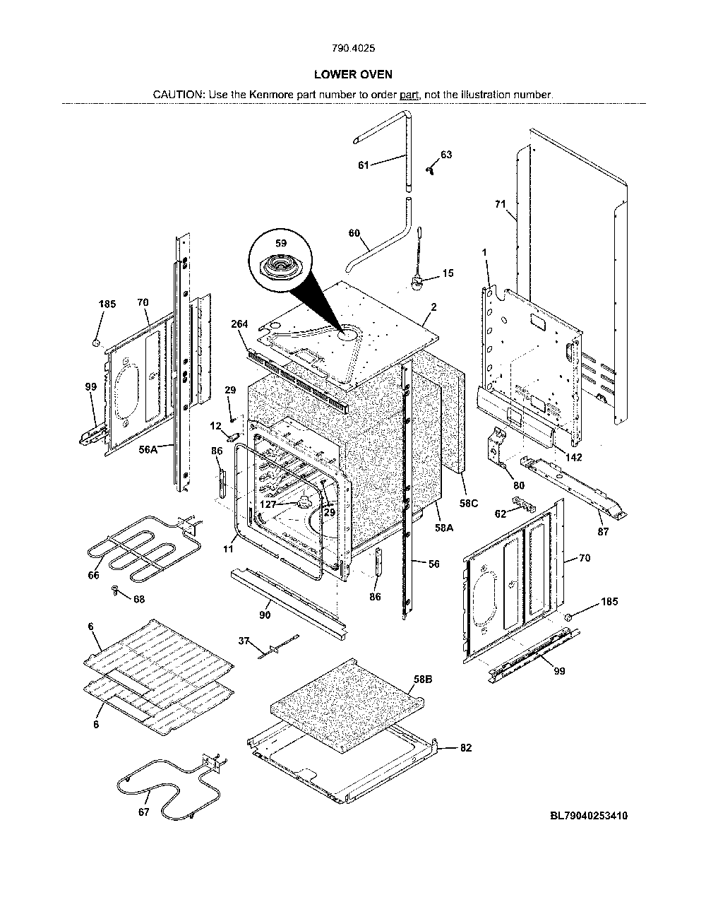 Lower oven Diagram and Parts List for 79040252412  Kenmore Wall Oven