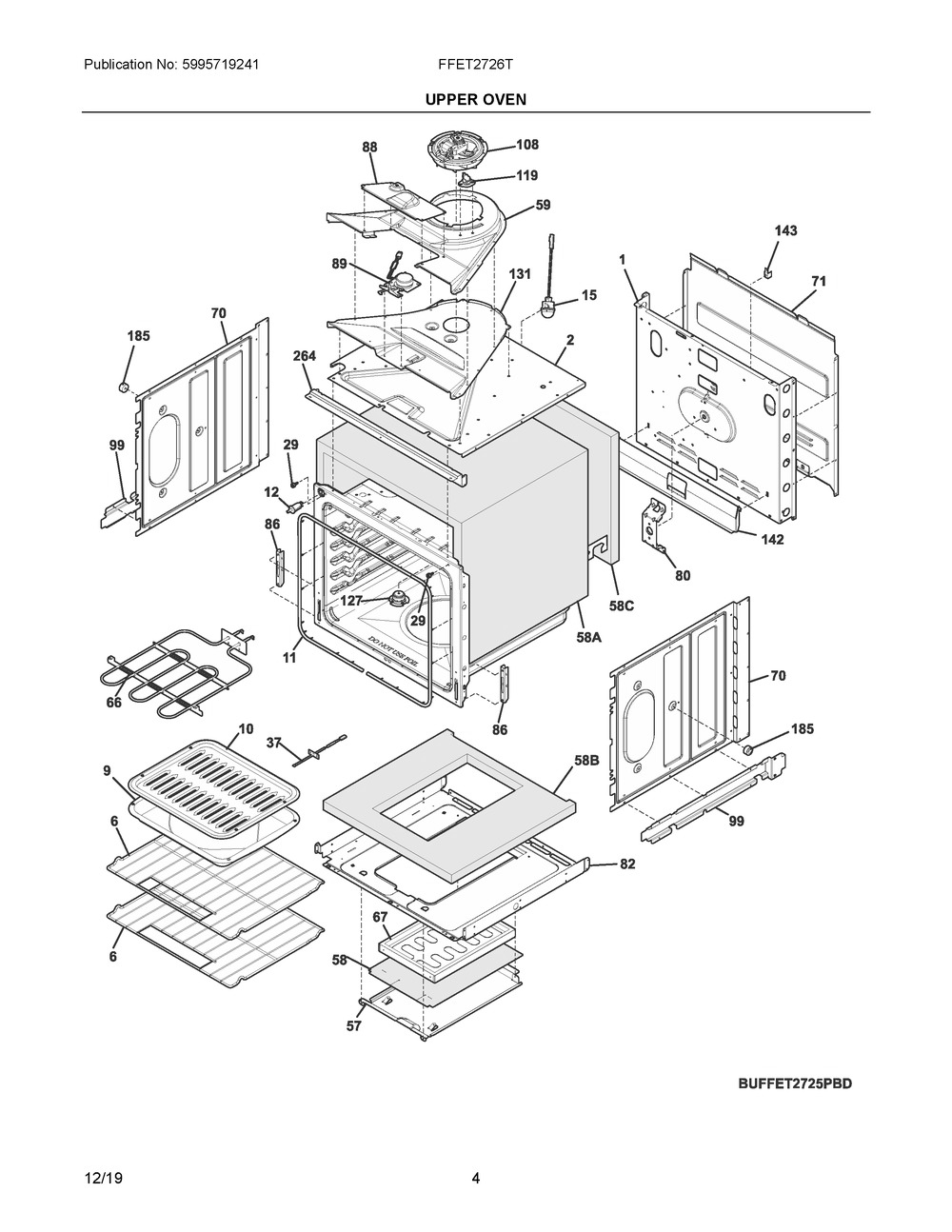 Upper Oven Diagram and Parts List for FFET2726TWA  Frigidaire Wall Oven