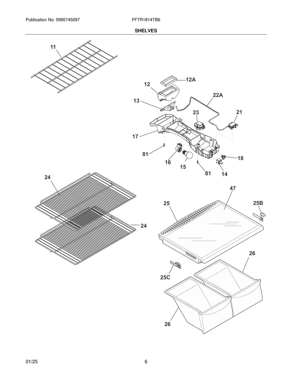 Shelves Diagram and Parts List for FFTR1814TB6  Frigidaire Refrigerator