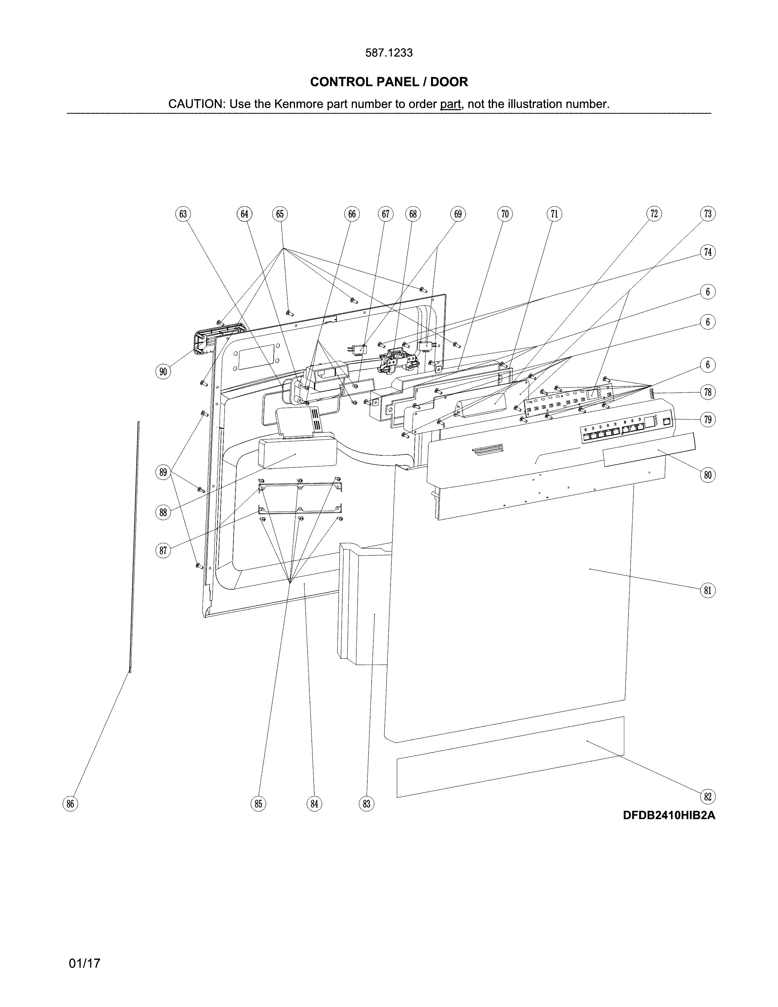Control Panel/door Diagram and Parts List for 58712339F01B  Kenmore Dishwasher